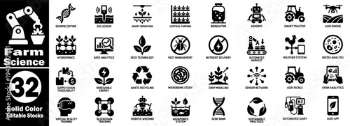 Farm science solid color editable stock vector icons set for modern agriculture vector illustrator.