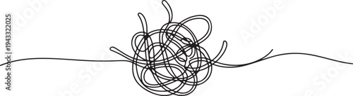 Continuous one line drawing of a chaotic tangled complex knot with protruding loops and threads. The concept of a problem. one line Icon drawing
