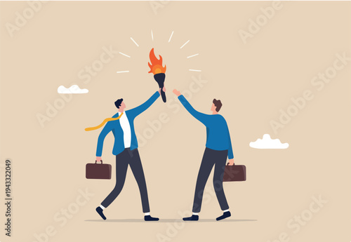 Successor plan, baton pass or transfer to new chosen leader, change new CEO or collaboration to achieve goal and win business competition concept, smart businessman leader passing torch to successor