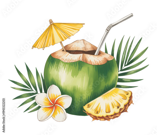 Tropical coconut drink with pineapple slice and plumeria flower in soft watercolor. Exotic tropical coconut with pineapple fruit and plumeria flower hand painted watercolor.
