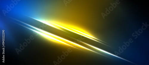 Abstract composition featuring bright diagonal lines. Blue, yellow hues dominate dark background. Energetic, dynamic visual effect.
