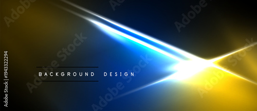 Abstract background features bright yellow, blue light streaks. Dark space surrounds glowing lines, creating dynamic visual effect.