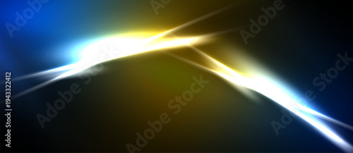 Abstract light streaks, vibrant colors, dynamic composition. Blue, gold, white radiate from central point. Dark background enhances luminosity.