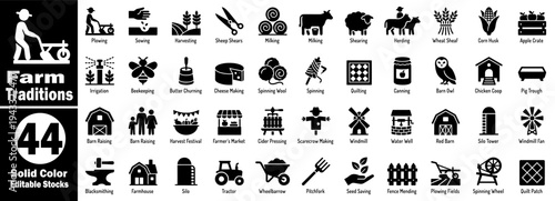 Farm traditions solid color editable stocks, agricultural activities collection vector illustrator.