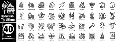 Farm traditions liner editable stocks, collection of farming activities, and heritage vector illustrator.