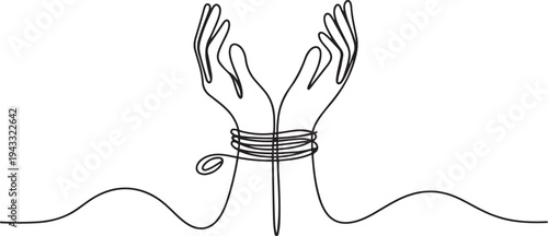 female hands tied with a rope on the wrists. one continuous line drawing concept of a prisoner in captivity, disability, loss of freedom, sit in prison. one line Icon drawing