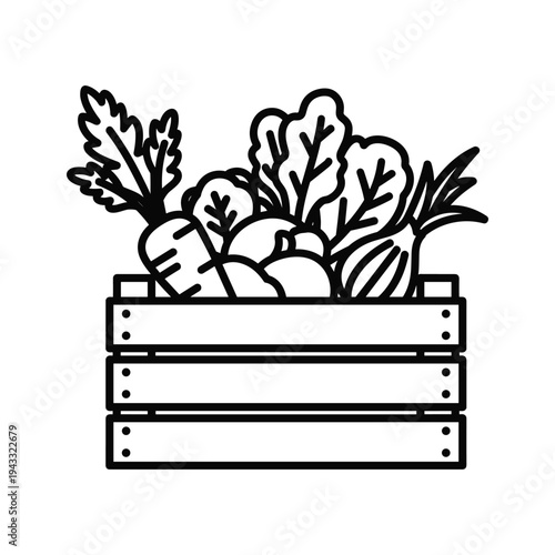 Fresh Vegetables in Wooden Crate - Line Art Icon