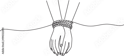 female hands tied with a rope on the wrists. one continuous line drawing concept of a prisoner in captivity, disability, loss of freedom, sit in prison. one line Icon drawing