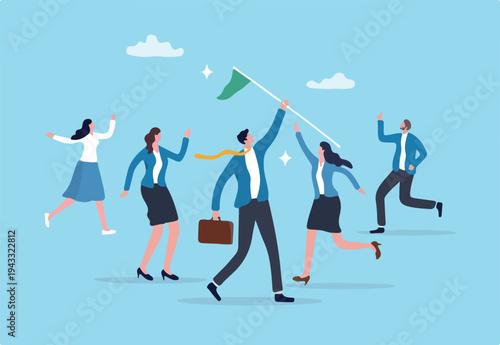 Leadership team leader to lead team to success, company ceo win business competition together, management or professional to reach goal or achievement, businessman leader hold winning flag with team.