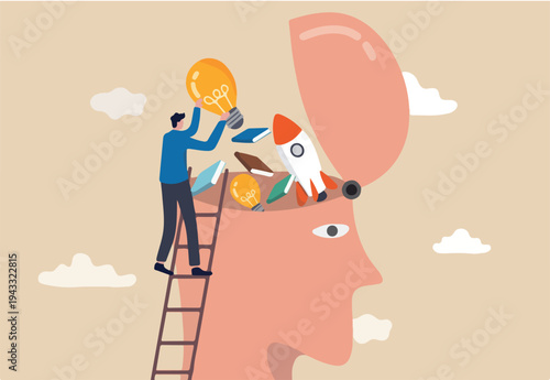 Upskill, learn new things or knowledge development for new skill and improve job qualification concept, man putting light bulb ideas, books and rocket booster into human head to upgrade working skill