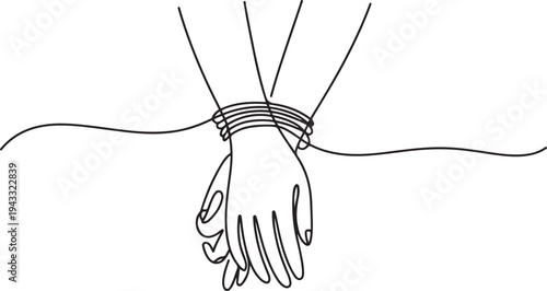 female hands tied with a rope on the wrists. one continuous line drawing concept of a prisoner in captivity, disability, loss of freedom, sit in prison. one line Icon drawing