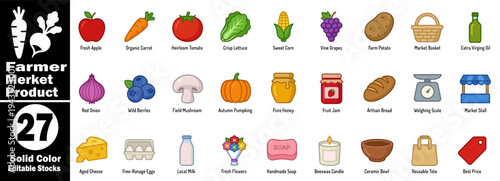 Farmer market product solid color editable stocks with 27 items, produce icons vector illustrator.
