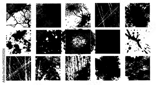 Squares grunge texture set with abstract black and white patterns featuring background, design, digital with art and