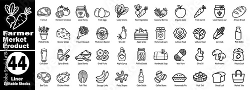 Farmer market product liner icons set. Editable stocks with 44 items, outline icons set vector illustrator.
