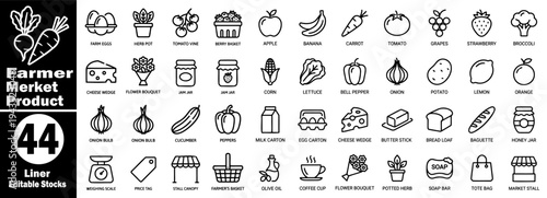 Farmer market product liner icons set. Editable stocks with 44 items, produce outline icons, and vector illustrator.