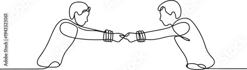 two men are trying to break out of the bonds that bind them. Close people are tired of each other, trying to get out of the fetters. one line Icon drawing
