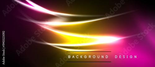Abstract neon lines create vibrant energy. Yellow, pink hues blend into dark background. Modern design element for digital projects.