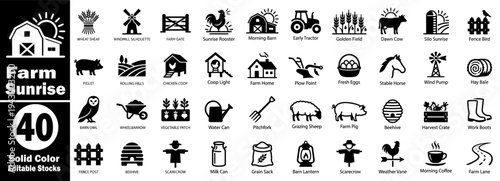 Farm sunrise solid color editable stock icons. Featuring a farm, sunrise, transparent vector illustrator.