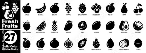 Fresh fruits solid color editable stock icons on transparent background vector illustrator.