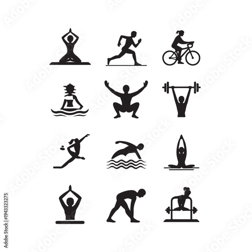 Set of 12 black fitness and sports white yoga