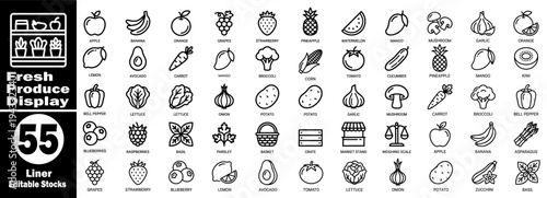 Fresh produce display liner icons. Featuring fifty-five vegetables vector illustrator.