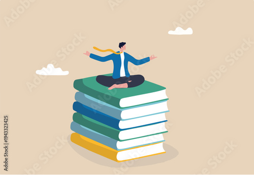 Best book to help entrepreneur success in business, knowledge or skill to succeed and overcome obstacle concept, smart success businessman meditating and learn new skill on stack of business books.