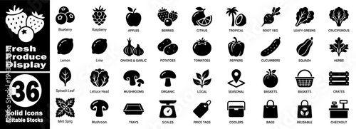 Fresh produce displays solid icons, editable stocks, set of 36 visuals vector illustrator.