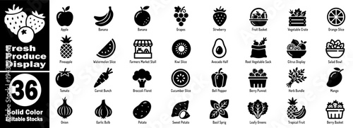Fresh produce displays solid color icons, editable stocks, food visuals vector illustrator.
