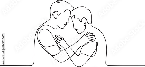 man looks at a friend with his hand on his shoulders - one line drawing. the concept of friendship, emotional support, comfort someone. one line Icon drawing