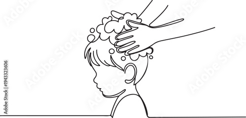 Single one line drawing child is being washed his hair with shampoo. Bathroom activities concept. one line Icon drawing