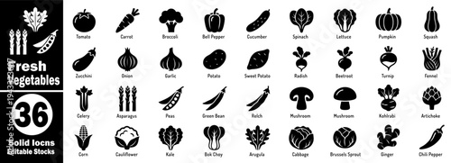 Fresh Vegetables icons set. Solid color of fresh vegetables for healthy food and nutrition, editable vector illustrator.