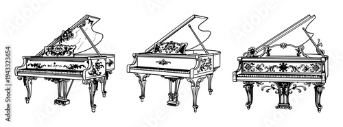 Grand piano set with ornate Victorian line art featuring floral motifs, decorative flourishes, detailed engraving with white background and elegant design