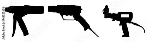 Laser rust-cleaning tool set with solid black silhouette on white background featuring industrial restoration technology, sharp technical profile with black and silver details and high contrast