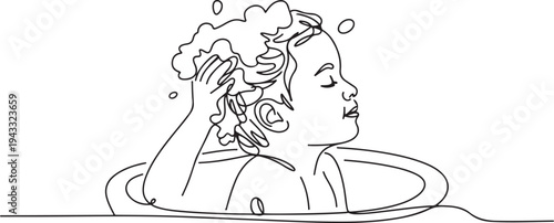 Single one line drawing child is being washed his hair with shampoo. Bathroom activities concept. one line Icon drawing