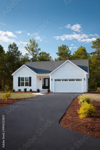 White suburban house with long black driveway garage lawn trees blue sky modern cottage exterior curb appeal