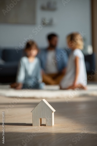 Wooden house on floor with blurred caucasian family male adult female adult and two children seated in background evoking home life safety and parenting