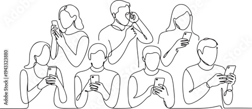 Continuous one line drawing People holding, using mobile phones. Single line draw design vector graphic illustration. one line Icon drawing
