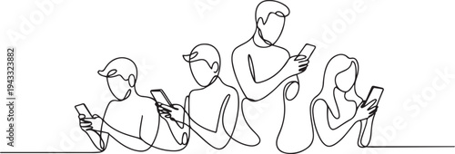 Continuous one line drawing People holding, using mobile phones. Single line draw design vector graphic illustration. one line Icon drawing