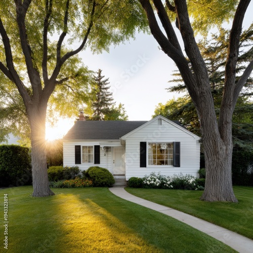 Sunlit suburban white cottage house lawn with curved pathway, mature trees and flowering shrubs at golden hour