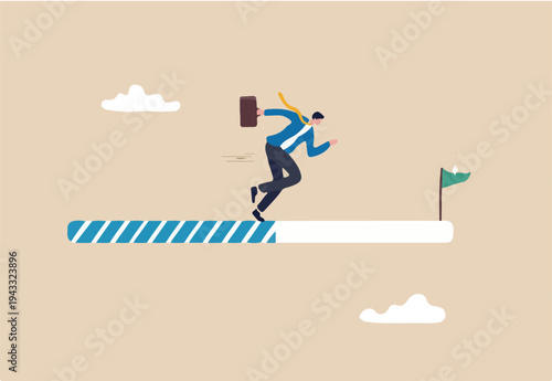 Progress or journey to success or achieve goal, business step or career path, mission or challenge to succeed, improvement concept, ambitious businessman run on progress bar to achieve success flag