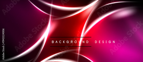 Abstract neon lines create vibrant red, pink gradients. Black background emphasizes glowing curves, modern design elements.