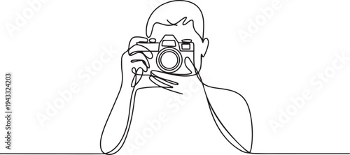Single one line drawing Photographer with camera. World photography day concept. Continuous line draw design graphic vector illustration. one line Icon drawing