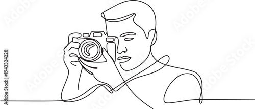 Single one line drawing Photographer with camera. World photography day concept. Continuous line draw design graphic vector illustration. one line Icon drawing