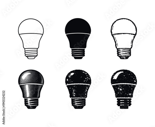 Incandescent light bulb with glass globe and screw base used to produce light in lamps and fixtures | Create ONE image containing