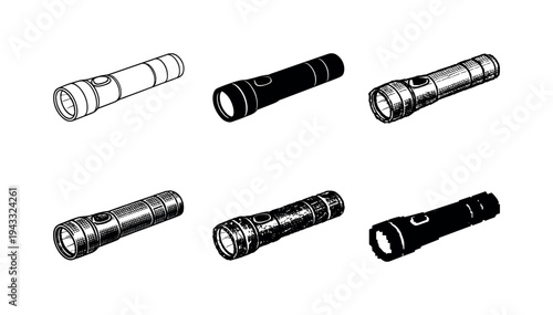 Compact LED flashlight with straight body and front bezel used for camping and power outages | Create ONE image containing