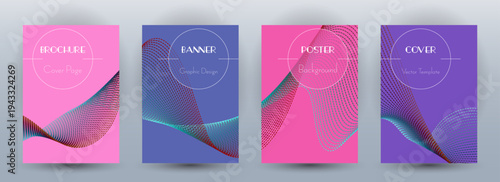 Wave flow dynamic banners geometric vector set. Covers with curve lines texture abstract shape motion. Blend wave background pattern flye or poster templates. Commercial digital design.