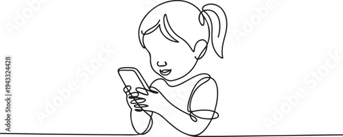 Continuous one line drawing cute little girl using smartphone. Communication concept. Single line draw design. one line Icon drawing
