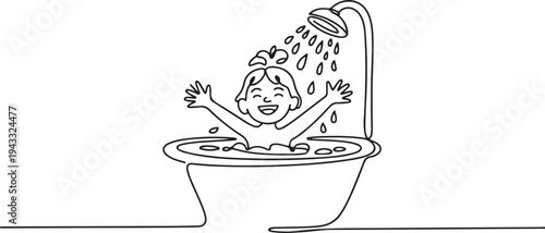 Single one line drawing happy girl playing shower while taking a bath. Bathroom activities concept. Continuous line draw design graphic vector. one line Icon drawing