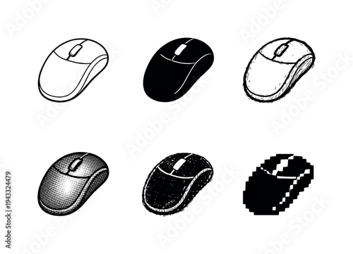 Handheld computer mouse with curved body and scroll wheel used to control cursor on a screen | Create ONE image containing