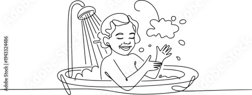 Single one line drawing happy girl playing shower while taking a bath. Bathroom activities concept. Continuous line draw design graphic vector. one line Icon drawing
